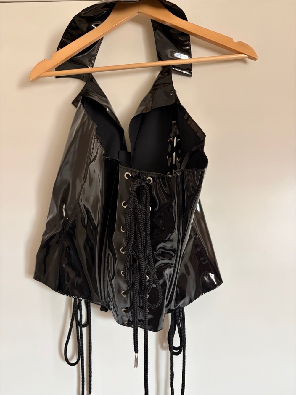 Goth Vinyl Wetlook Corset Black Glossy Halter Top Size 34 New